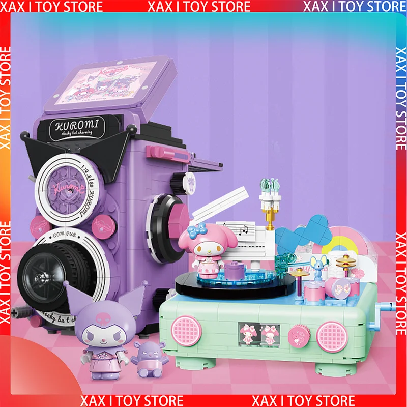 

Sanrio Kawaii Kuromi Dual-reverse Camera My Melody Melody Vinyl Record Player Puzzle Retro Series Building Blocks Assembled Toy