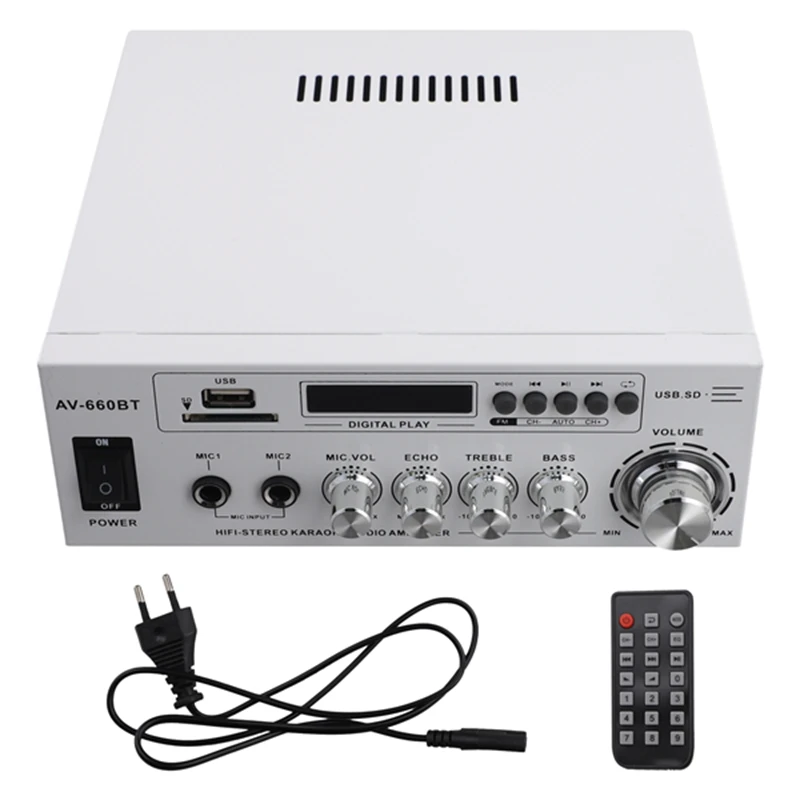 Retail AV-660BT 2.0 CH Sound Amplifier - Power Amplifier Support Bluetooth, FM Radio, USB, SD Card & Dual Mic Inputs EU Plug