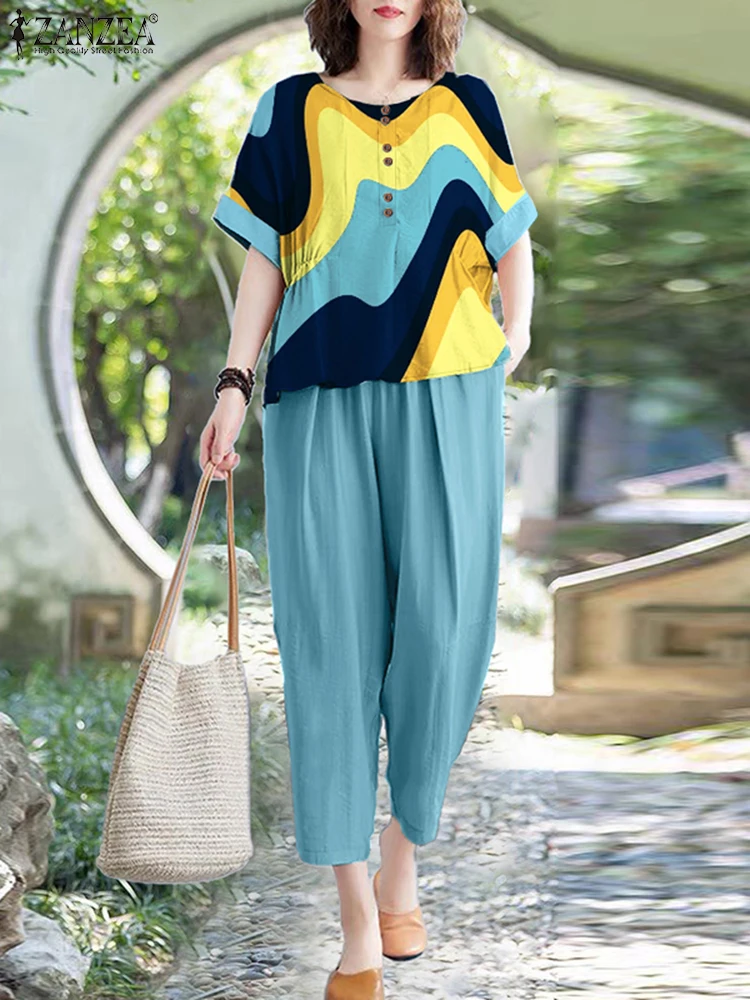 

2025 ZANZEA, летние комплекты из 2 предметов, женские комплекты из двух предметов, блузка с круглым вырезом и коротким рукавом с принтом, брючные костюмы, повседневные рабочие спортивные костюмы