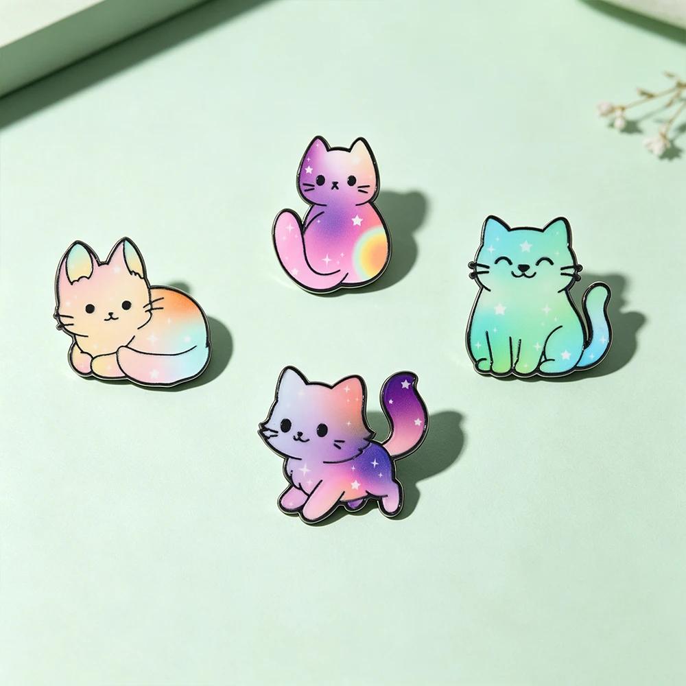4 Pcs Cute Rainbow Galaxy Cat Enamel Pins Kawaii Cartoon Brooches Animal Lapel Badges Jewelry Gifts for Cat Lovers & Pride Acces