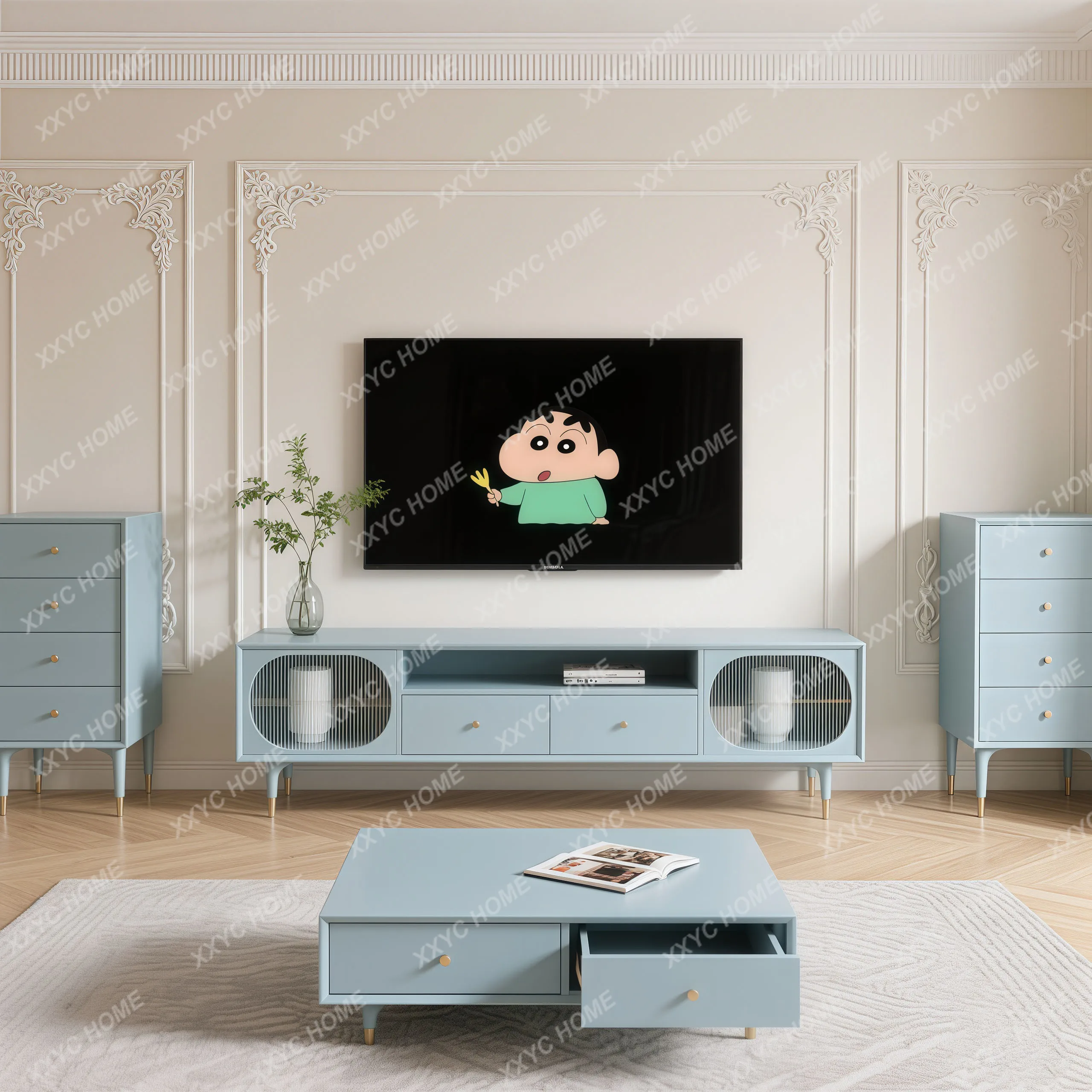 

New TV cabinet cream coffee table combination living room modern simple solid wood