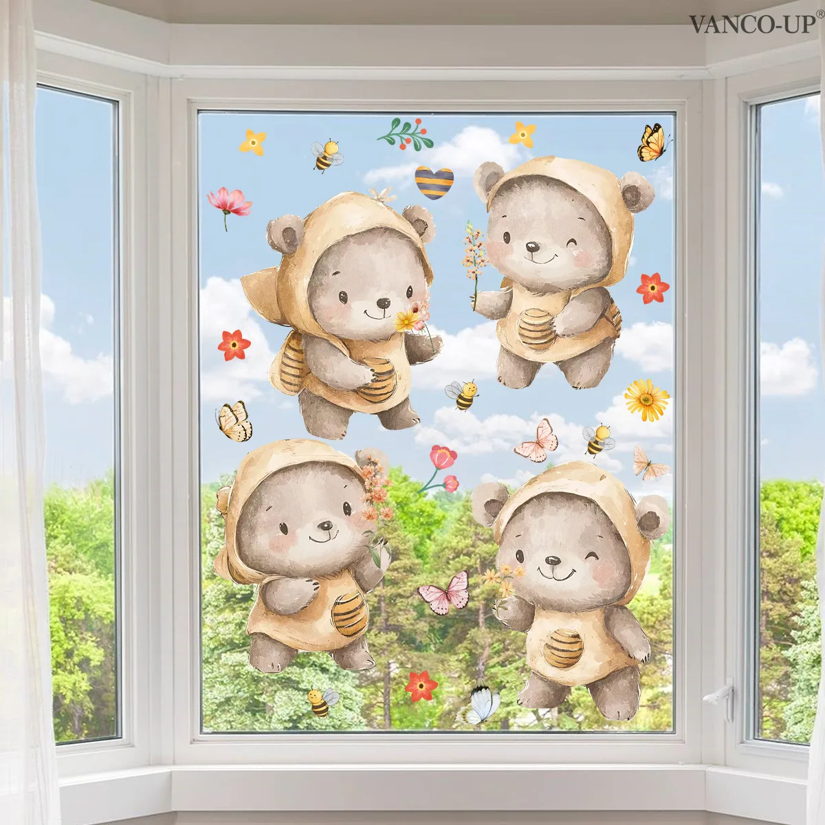 

Honey Bear & Floral Window Clings - Cute Bee & Butterfly Stickers for Whimsical Home & Shop Decor