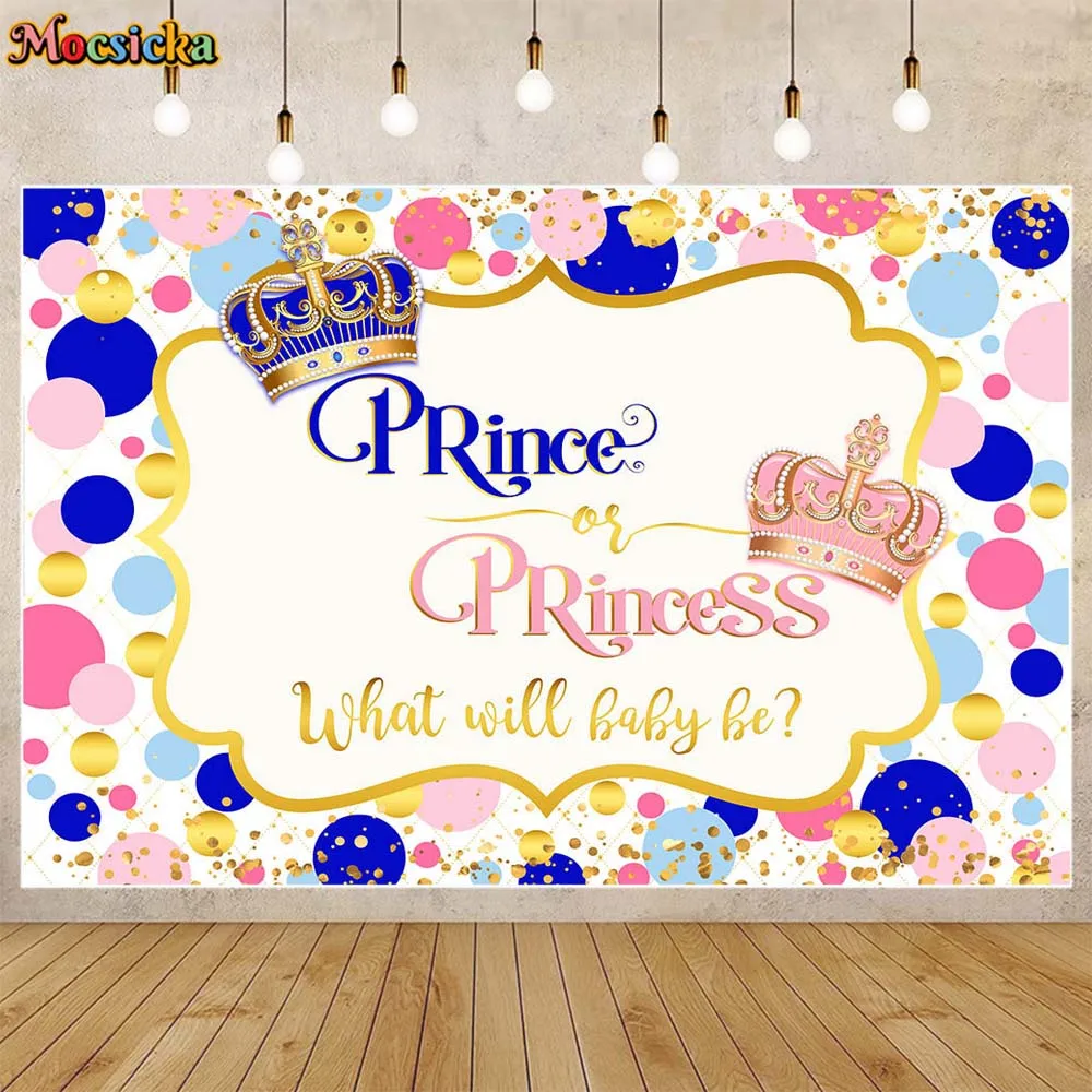 

Mocsicka Gender Reveal Backdrops Prince or Princess Blue and Pink Crown What Will Baby Be Background Newborn Welcome Party Decor