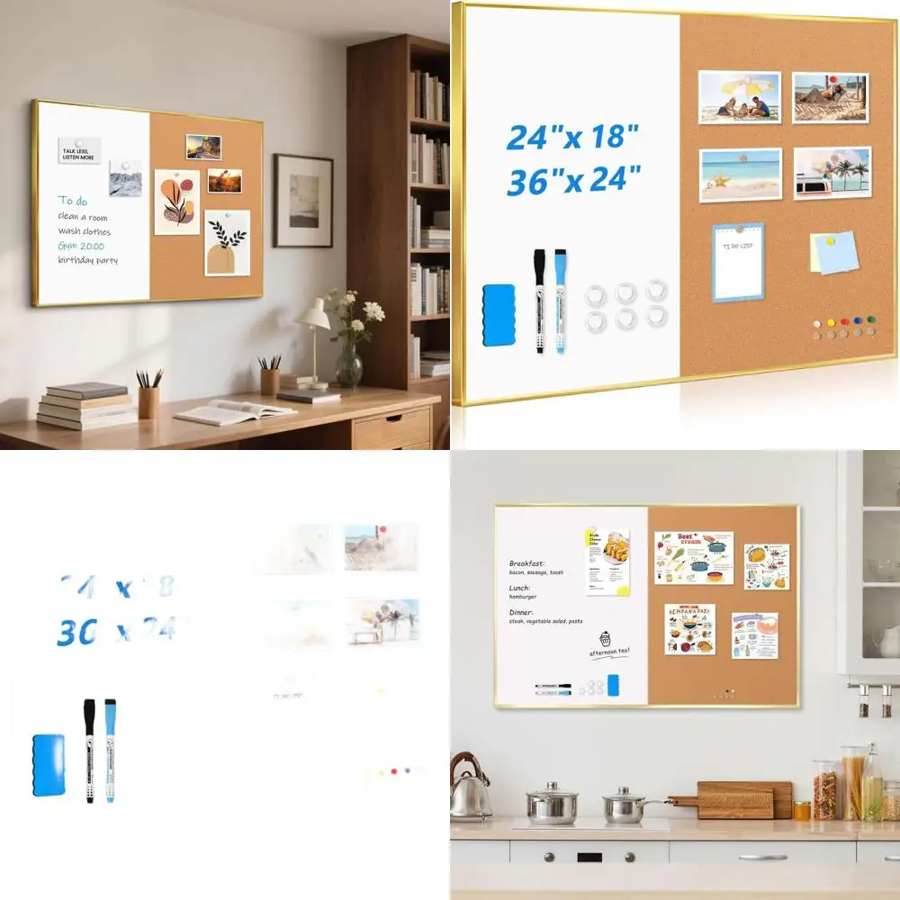 

36x24 Inch Magnetic Whiteboard and Corkboard Combo, Gold Framed Wall-mounted Board for Home and Office Use with Accessories