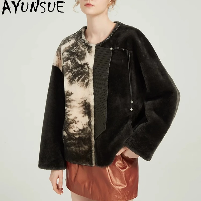 

AYUNSUE натуральная дубленка, шуба, женская зимняя одежда, винтажная куртка из натуральной кожи, женская новинка, пальто 2025, мех с принтом чернил