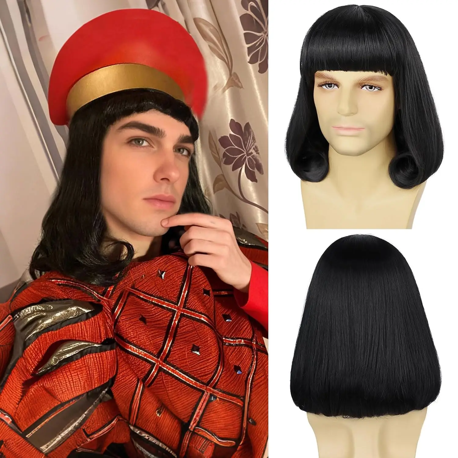 

Короткий черный парик-каре для мужчин, термостойкий синтетический, с прямой полной челкой, забавные парики для Хэллоуина, костюмированных вечеринок и косплея