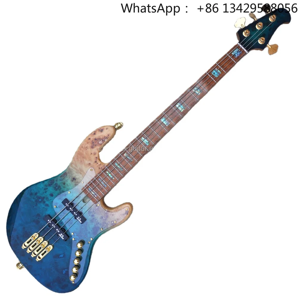 Flyoung 4 Strings Electric Bass Guitar Roasted Maple Neck Bird Eye Maple Fretboard Active Bass Wilkinson Pickups