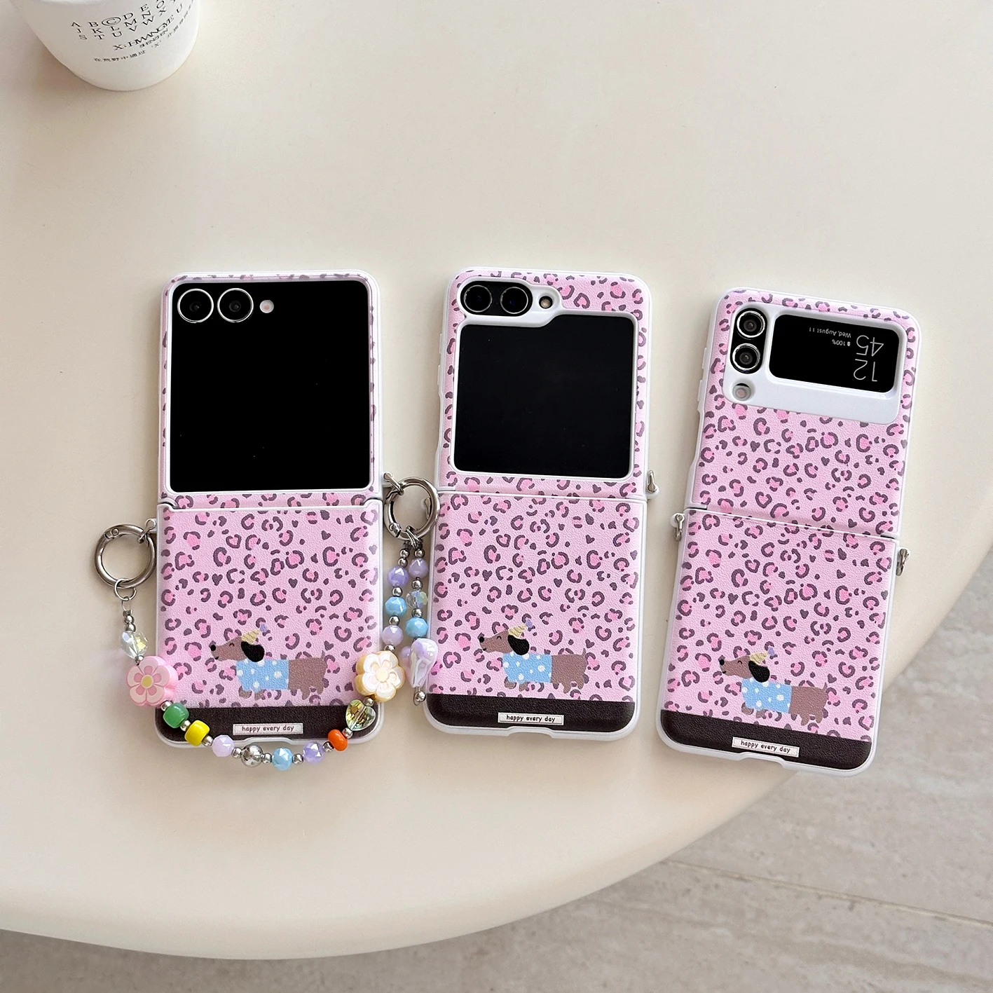 

Back Cover For Samsung Galaxy Z Flip 7 6 5 4 Case Pink Leopard Dachshund Puppy Bracelet Chain Shockproof Phone Case