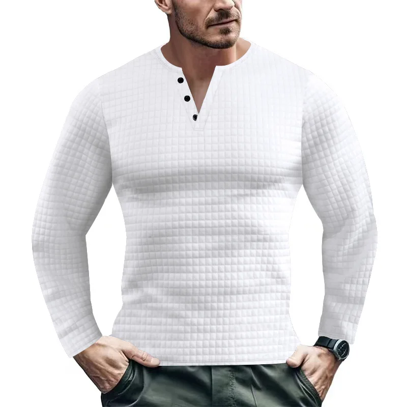 

2024 new autumn and winter trend small grid sports slim fit breathable men's long sleeved t-shirt casual Henley shirt