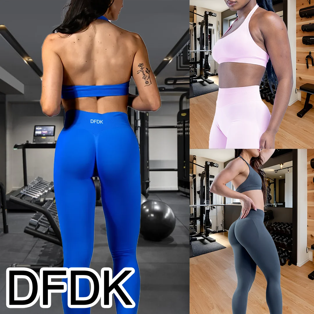 Ensemble de yoga deux pièces sans couture DFDK pour silhouettes généreuses, avec soutien-gorge dos-nu à lacets et leggings taille haute effet push-up fessier, pour le sport quotidien et les loisirs.