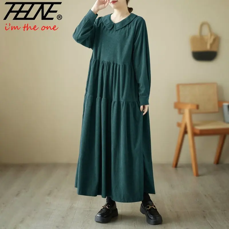 

Spring New Women Corduroy Long Sleeve Dress Robe Oversized Korean Fashion Ladies Womens Ruffles Vestidos Casual Loose Dresses