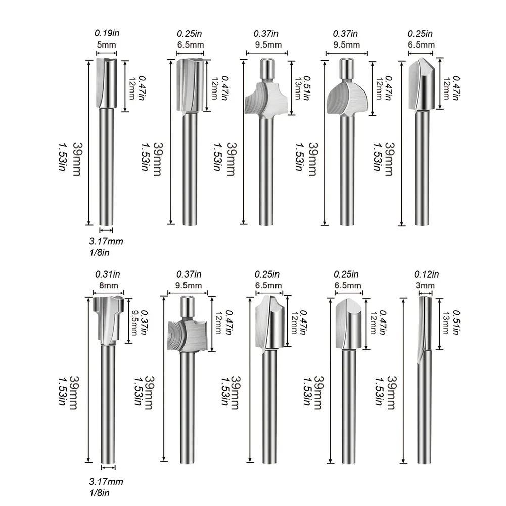 10pcs HSS Router Bits Wood Cutter Milling Fits Dremel-Rotary Tool Set 1/8\