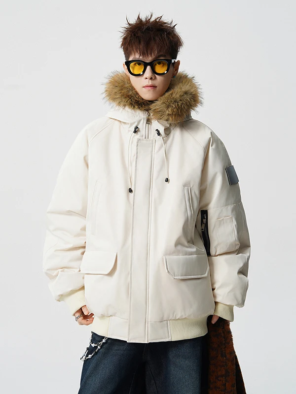 

Thiened American Sle Parka Coat for Men Winter Warmth Large Fur Collar Workwear Cotton Jaet Outerwear Youth Casual