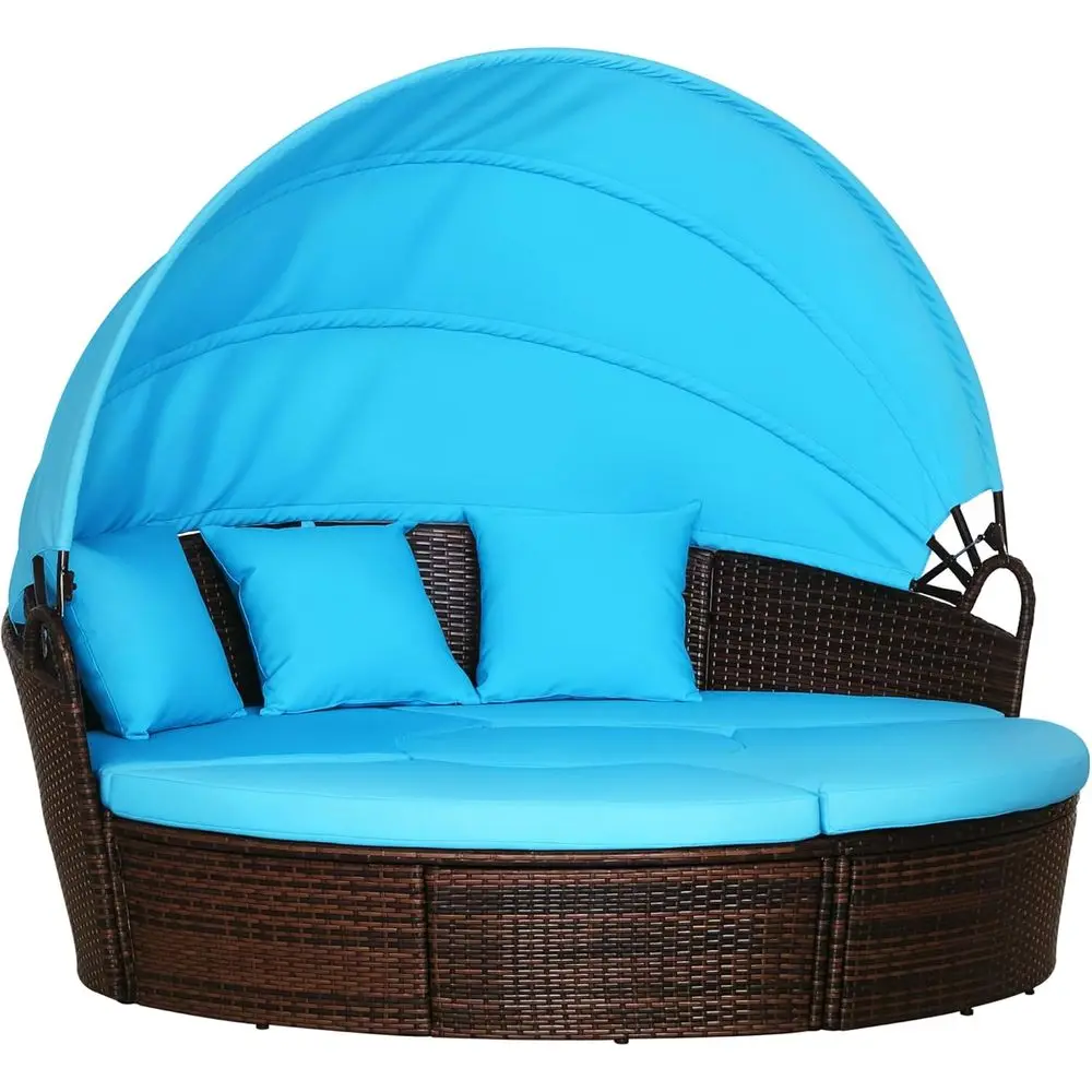 4-Piece Round Convertible Daybed Outdoor PE Rattan Patio Sofa Set with Cushions, Adjustable Sunbed, 2 Chairs, Table, 3 Pillows,