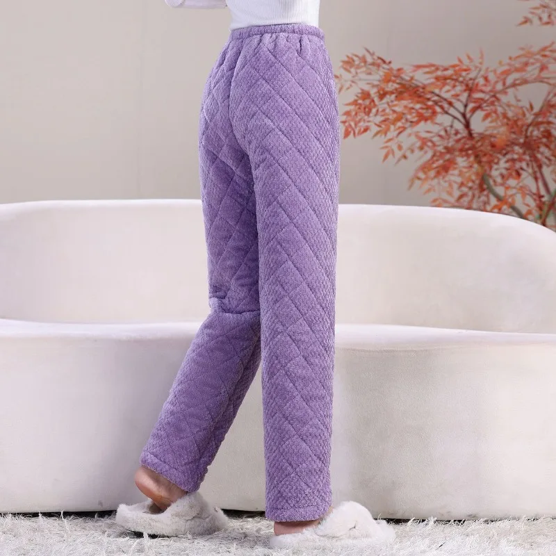 Women Thicken Flannel Cotton Pants Winter High Waist Warm Homewear Elastic Waist Loose Casual Straight Quilted Cotton Trousers