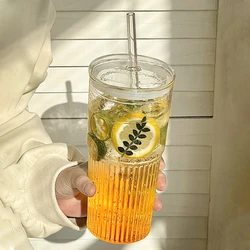 450/600Ml Streep Glazen Beker Transparante Glazen Met Deksel En Stro Ijs Mok Tea Cup Sap Glas melk Water Cups Drinkware