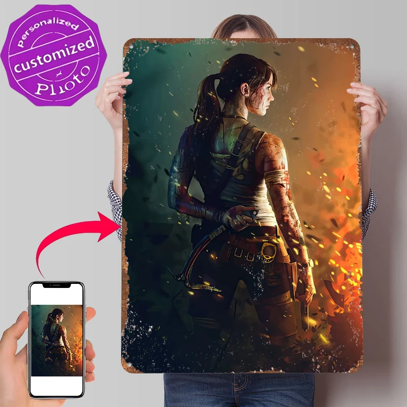 Figura de acción de Lara Croft, póster de hojalata, arte de pared personalizado, letreros metálicos retro vintage para fans, decoración de sala de juegos, hogar acogedor