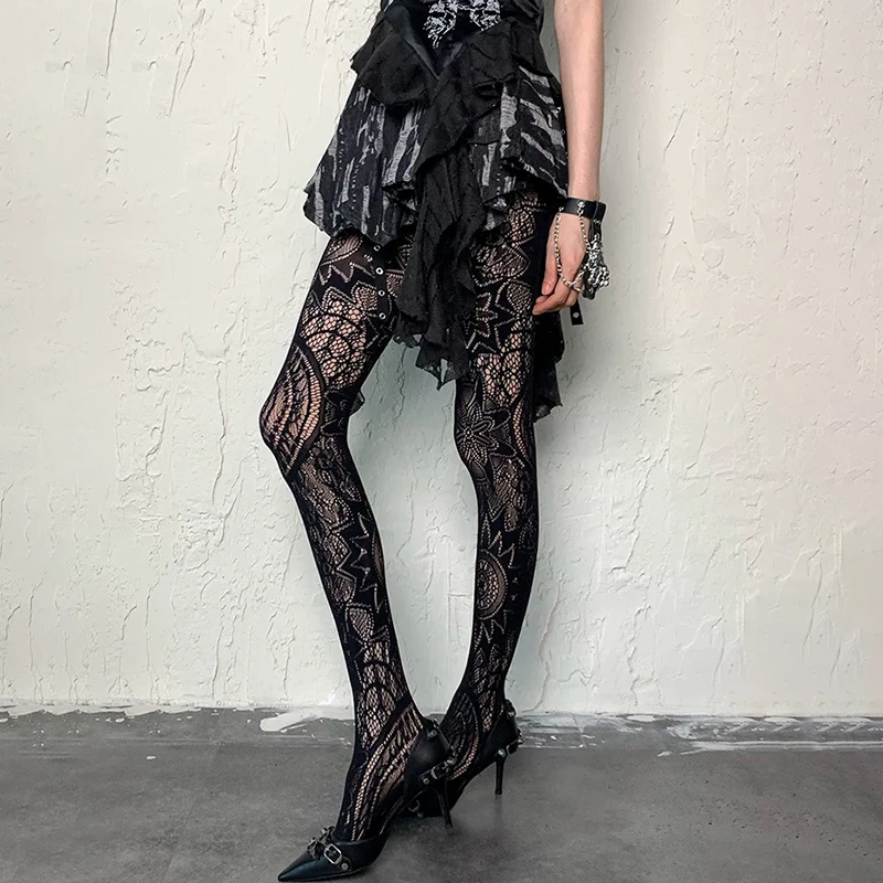 Damen Gemusterte Y2K Netzstrumpfhose Damen Spitze Schwarze Netzstrümpfe Hohe Taille Blumenmuster Strumpfhose Gothic Hexen-Party