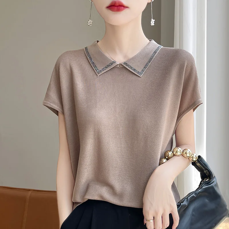 Women\'s T-shirts Spring/Summer New Knitted Short Sleeve Casual Blouse Lapel Tops Ladies Clothes Loose Hot Diamond Tees