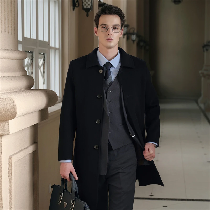 100% Wool Men'S Double-Sided Woolen Coat Autumn And Winter Long Thickened Coat With A Turn-Down Collar Warm Windbreaker For Dad