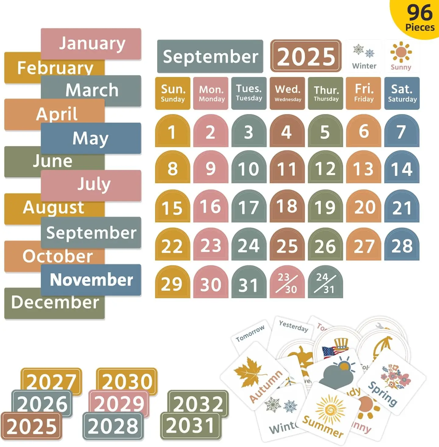Gráfico de bolsillo con calendario grande con 96 tarjetas bohemias para el calendario mensual en el aula y gráfico de bolsillo meteorológico para aprendizaje de niños