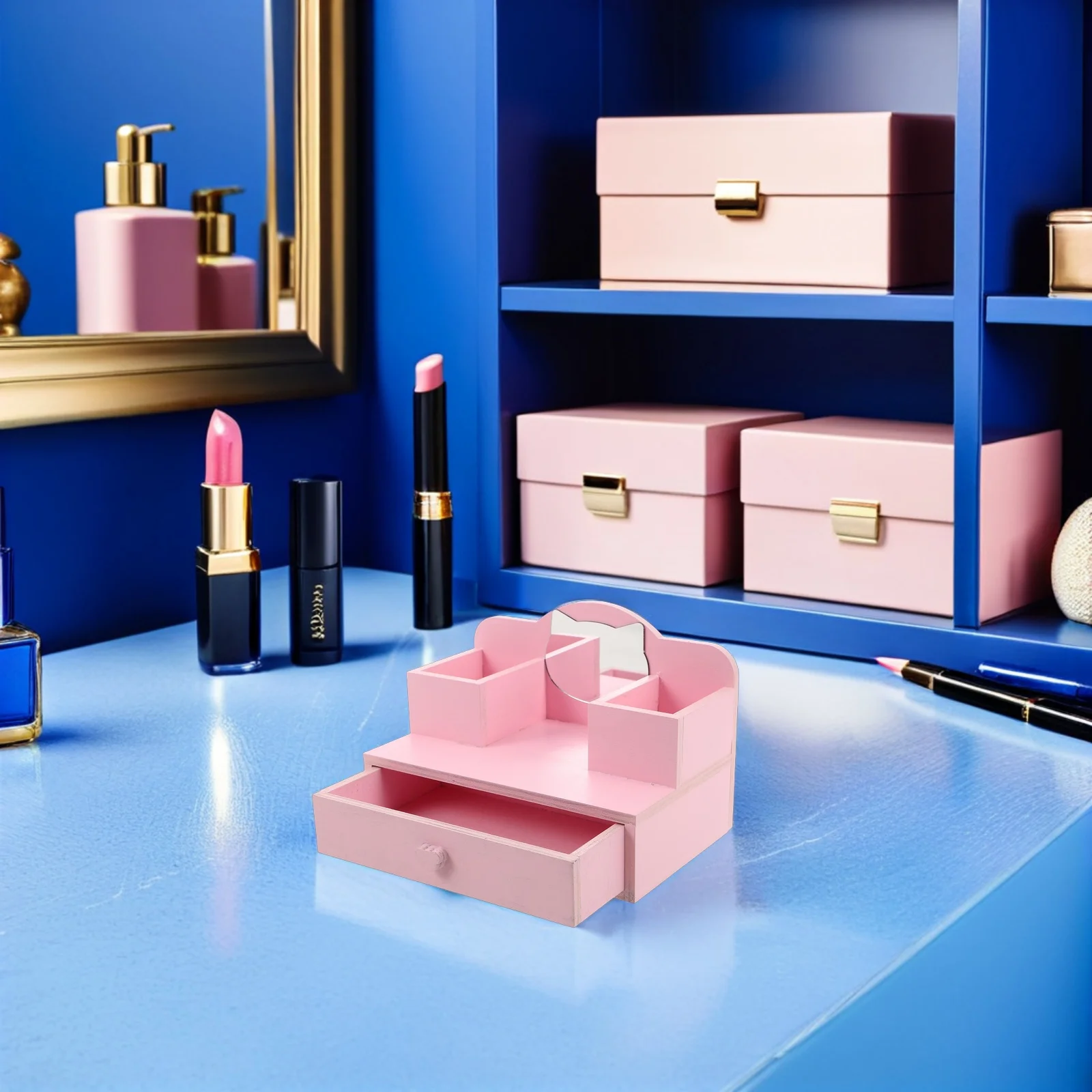 미니어처 인형의 집 화장대 핑크 프린세스 나무 메이크업 드레싱 테이블 조절 가능한 거울 서랍 인형의 집 가구