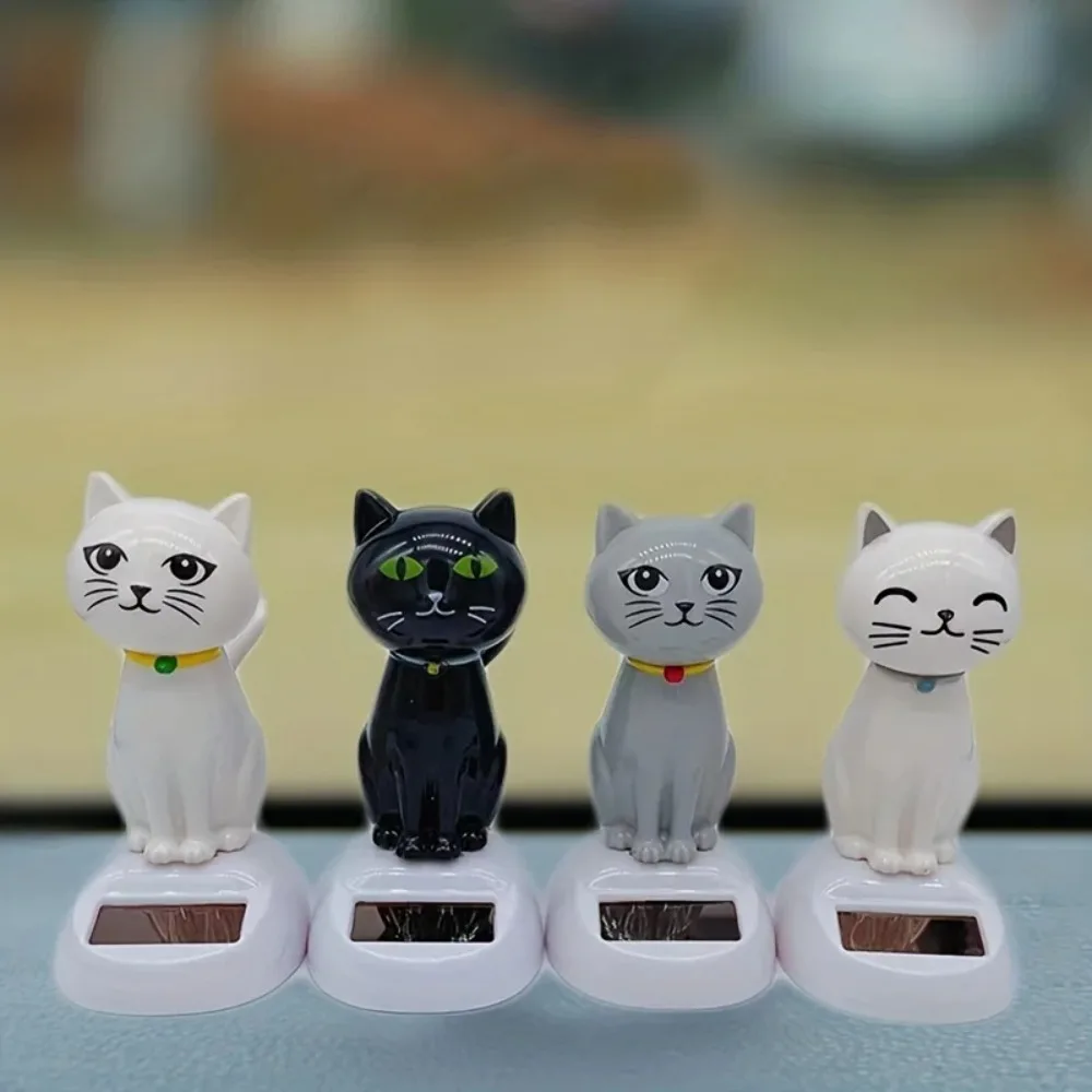 Resin Solar Powered Cat Ornament Solar Energy Driven No Battery Needed Cat Figurine Cartoon Automatic Car Dashboard Decor