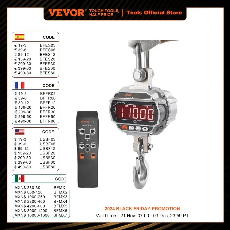 VEVOR 1000/3000/5000 kg Digital Crane Scale Industrial Heavy Duty Hanging Scale with Remote Control LED Screen for Construction