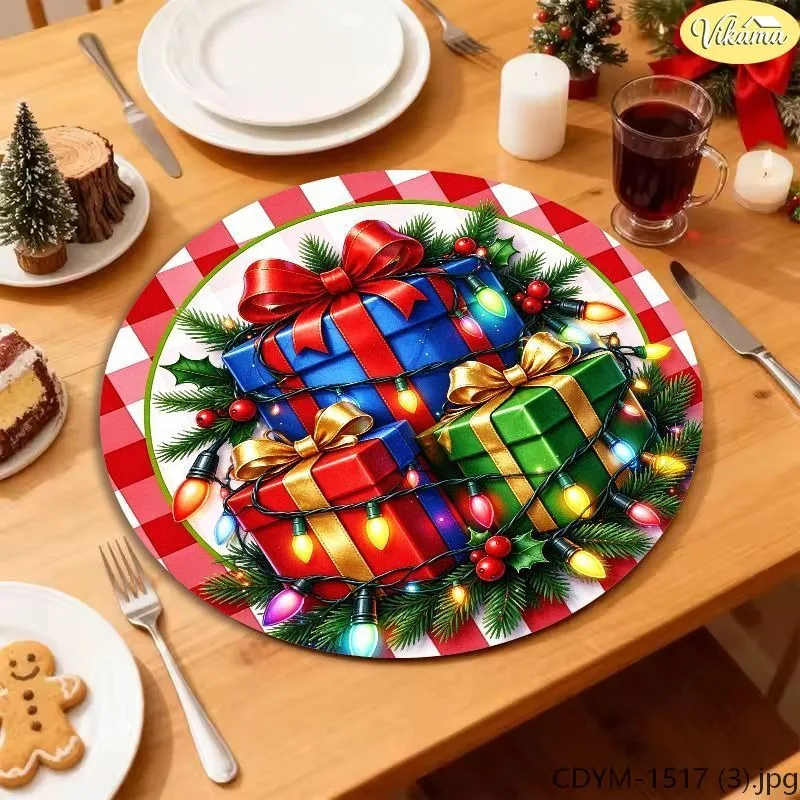 VIKAMA Christmas Round Placemats Red White Gingham Pine Wreath Gold Bell Bow Christmas Light Snowflake Holly Mat Decor