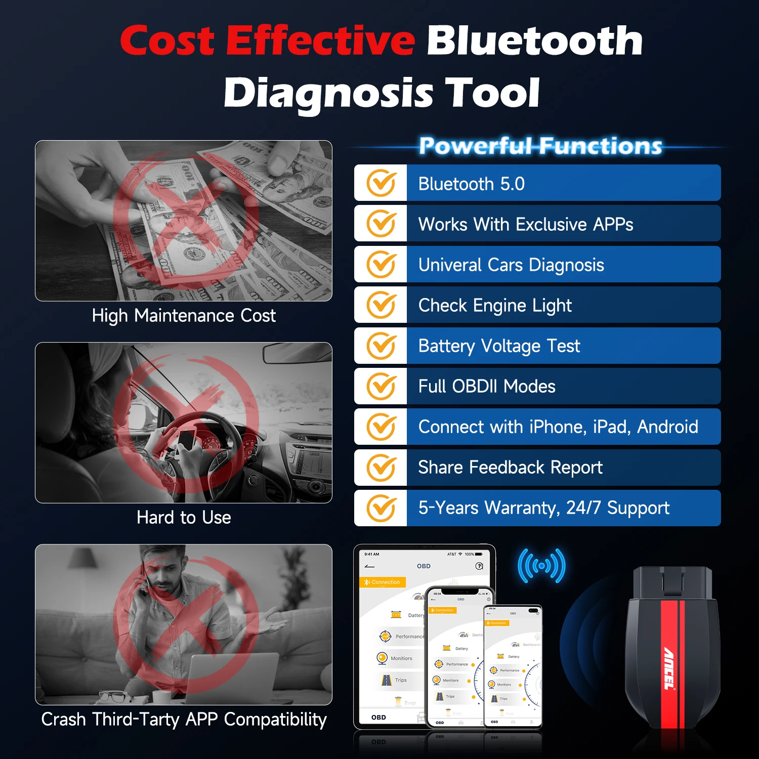 ANCEL BD200 OBD2 Scanner Code Reader Full OBD2 Function OBD2 Scanner Battery Voltage Check Car Diagnostic Tool