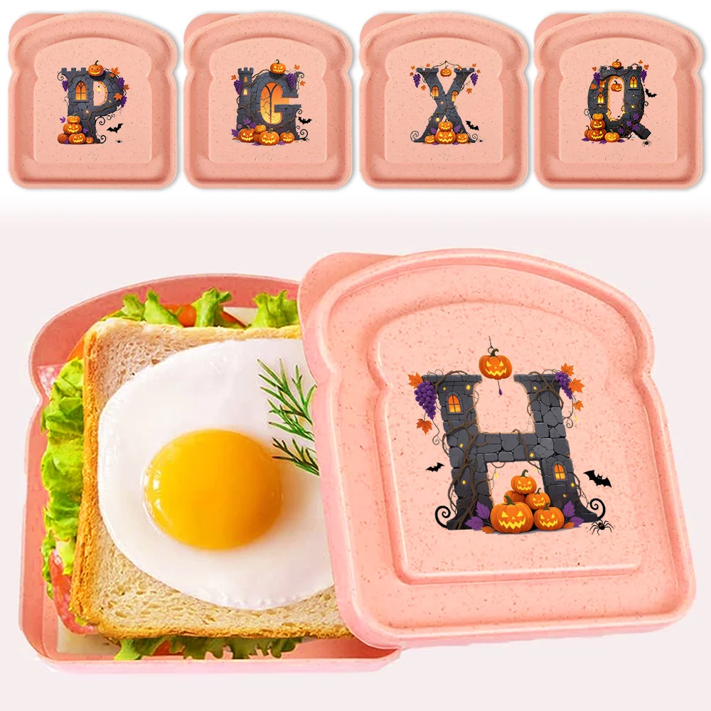

Portable Toast Box With Lid Sandwich Breakfast Case Bag Dustproof Durable Outdoor Picnic Meal Halloween Letters Pattern
