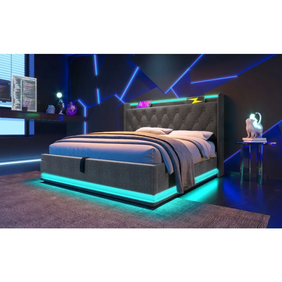 King size Upholstered bed 360 surround LED function Buttons/Apps/Remote Control hydraulic storage bed with USB Type-C charging
