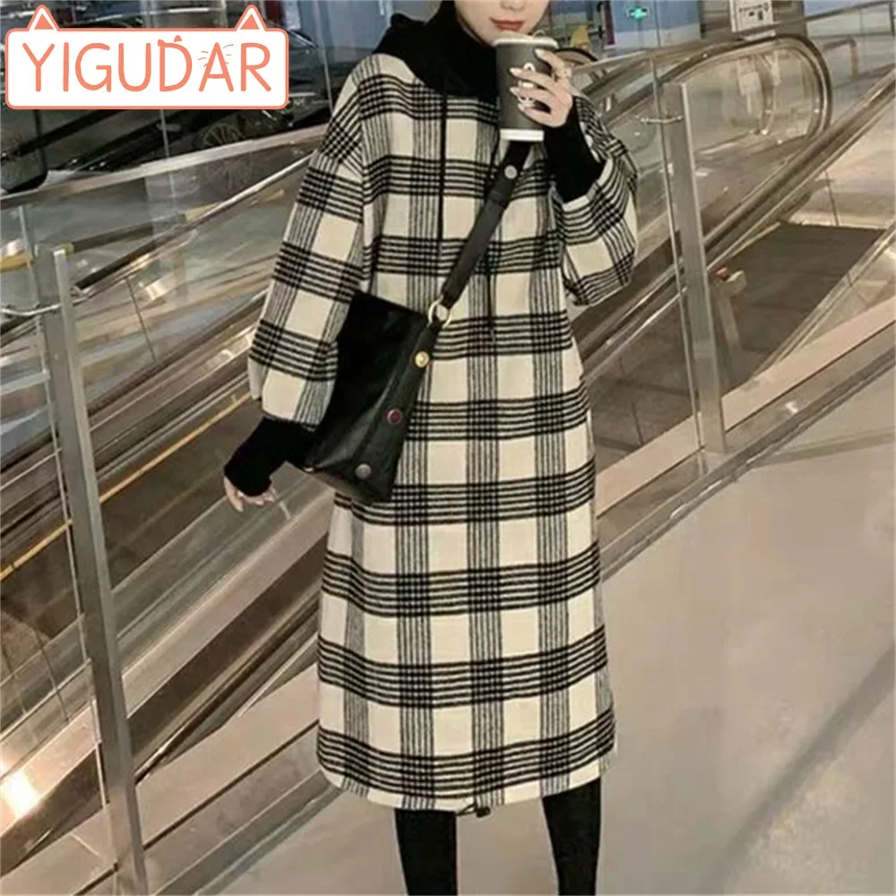 2023 Autumn/Winter New Pregnant Women's Wear Plush and Thickened Sweater Set Loose Fashion Plaid Long Dress Over Knee Dress