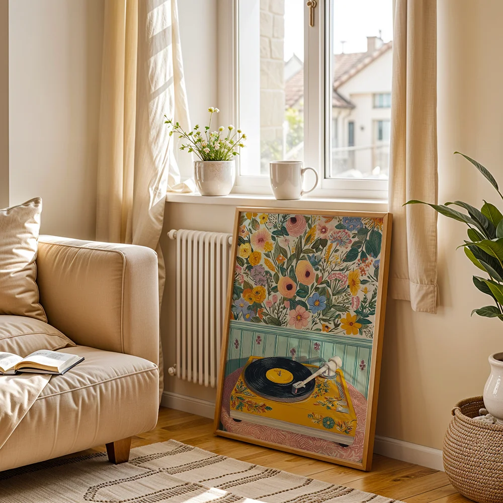 Vintage Floral Record Player Canvas Poster Wall Art,2D Print Wall Decor,Warm Home Decor Gift For Living Room Bedroom