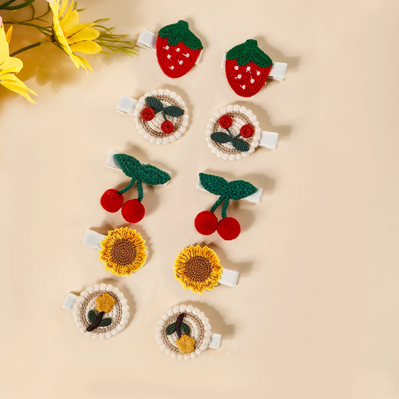 

Set of 10 Strawberry, Cherry, and Sunflower Fabric Hair Clips, Cute Combo Hair Clips for Babies