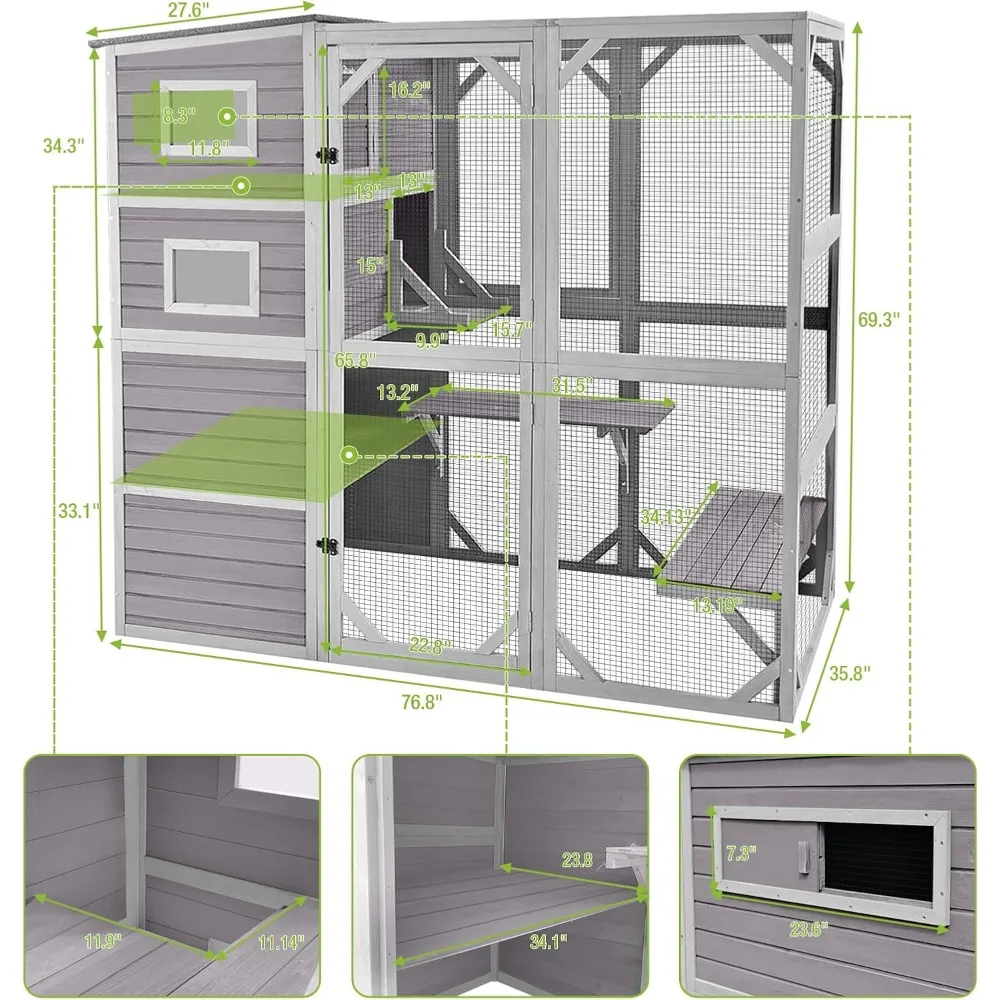 Kitty House wih 4 Tiers,Cat House for Outdoor and Indoor,Cats Waterproof roof,Cat Enclosures,77 Inch