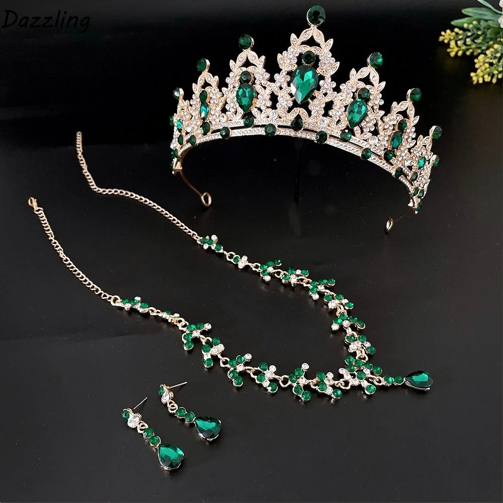 

Encrusted Crystal Crown Rhinestone Princess Headpiece Korean Style Jewelry Sets Necklace Earrings Set Wedding Crown Jewelry Set