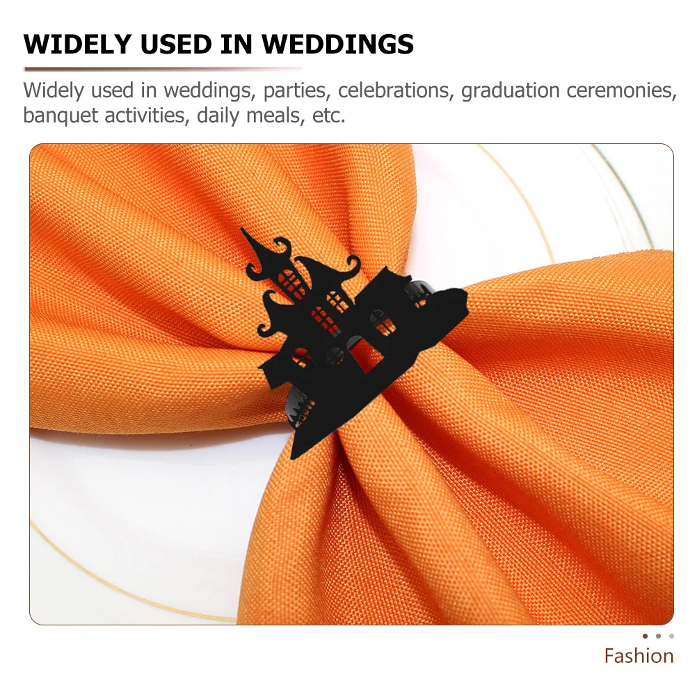 

Black Metal Napkin Buckles 4pcs Castle Design for Halloween Party Table Decoration Elegant Napkin Holder Dining Room Gift