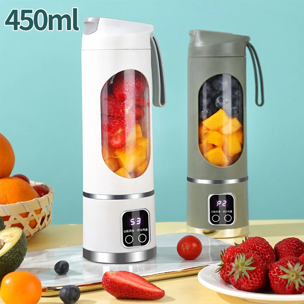 450ml Portable Juicer Multifunction USB Fruit Mixers Juicers 1500mAh Mini Electric Juicer Leakproof Digital Display Juicer Cup