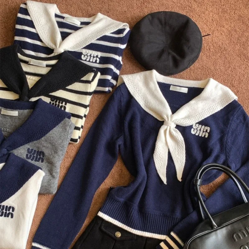 Women Autumn Winter Casual Preppy Style Striped Color Blocking Knitting Women Clothing All-match Slim Long Sleeve Pullovers Tops