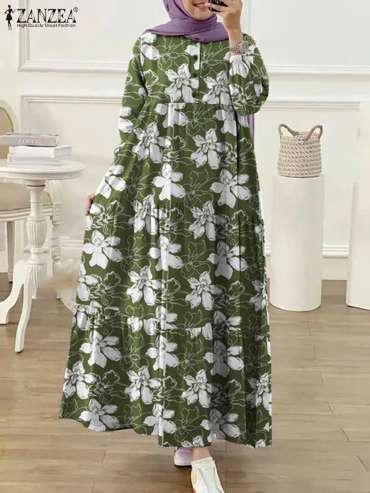 ZANZEA Elegant O Neck Abaya Robe Loose Muslim Fashion Floral Print Long Sleeve Vestidos Women Islamic Casual Tiered Long Dresses