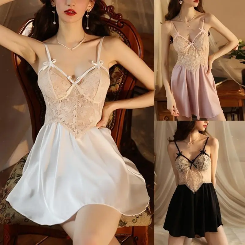 

L38E Women Lingerie Sleep Dress V Neck Lingerie Dress Full Slip Sleep Dress Satins Lace Chemise Nightgown Sleepwear Nightgown