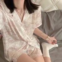 Cherry Print Pajamas Set for Women Summer Satin Two Piece Sleepwear Short Sleeve Shirt and Shorts Casual Fashion Homewear - Image 6