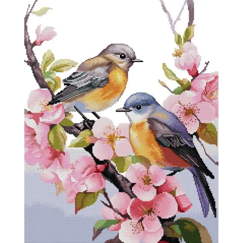 Two Llittle Birds Animal Flower Pattern Cross Stitch 14 16 11ct White Cloth HD Printed Cloth Cotton Thread Embroidery Sewing Kit