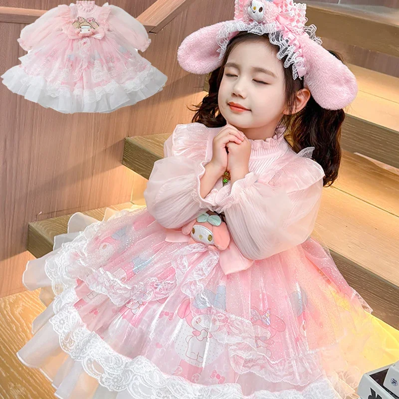 

Anime My Melody Girls Lolita Princess Dress Lace Party Dress Bow Decoration Knitted Dress Ruffled Tutu Skirt Layered Dress Gift