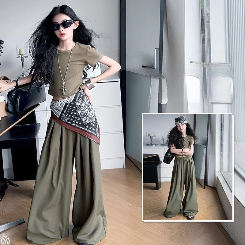 

teen girls sports clothes set cotton t-shirt+Retro Scarf+Wide Leg Pants 3pcs University kids suit junior child sweat outfits 14