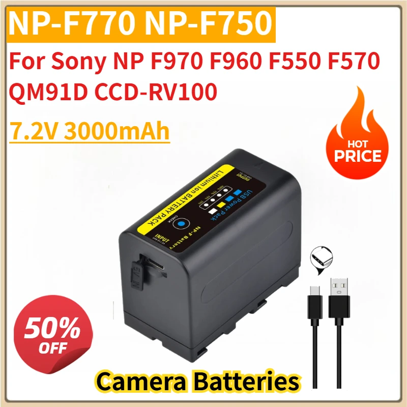 

New NP-F770 NP-F750 np f750 NPF770 Replacement Battery with USB charging output for Sony NP F970 F960 F550 F570 QM91D CCD-RV100