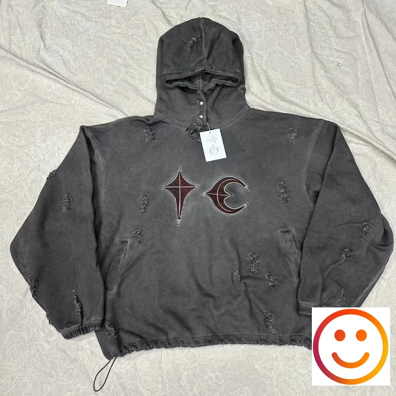 

Wash Cut Hole Damaged THUG CLUB Hoodie Leather Embroidery Patch Label Sweatshirts Men Women High Quality Terry Pullovers Loose