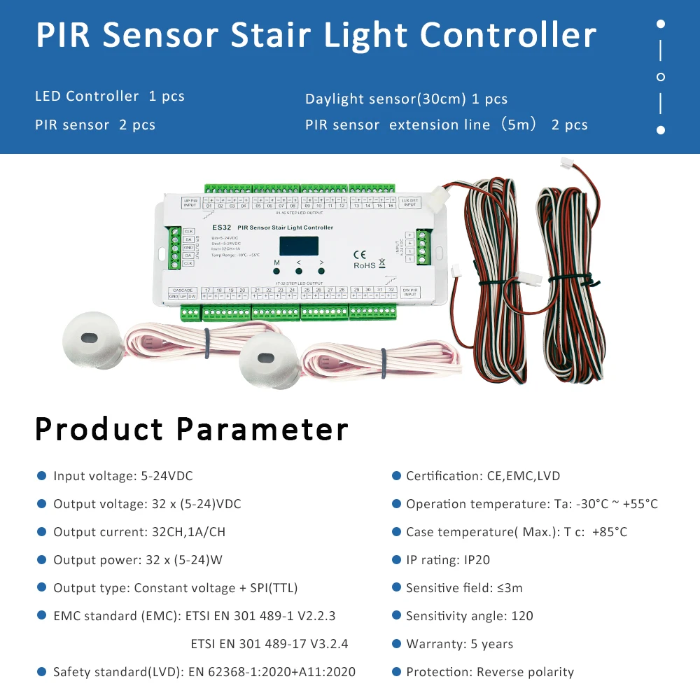 32CH ES32 PIR Sensor Stair Light Controller Human Body Infrared Inductive Switch Step Lamp Control for Single Color RGB Strip