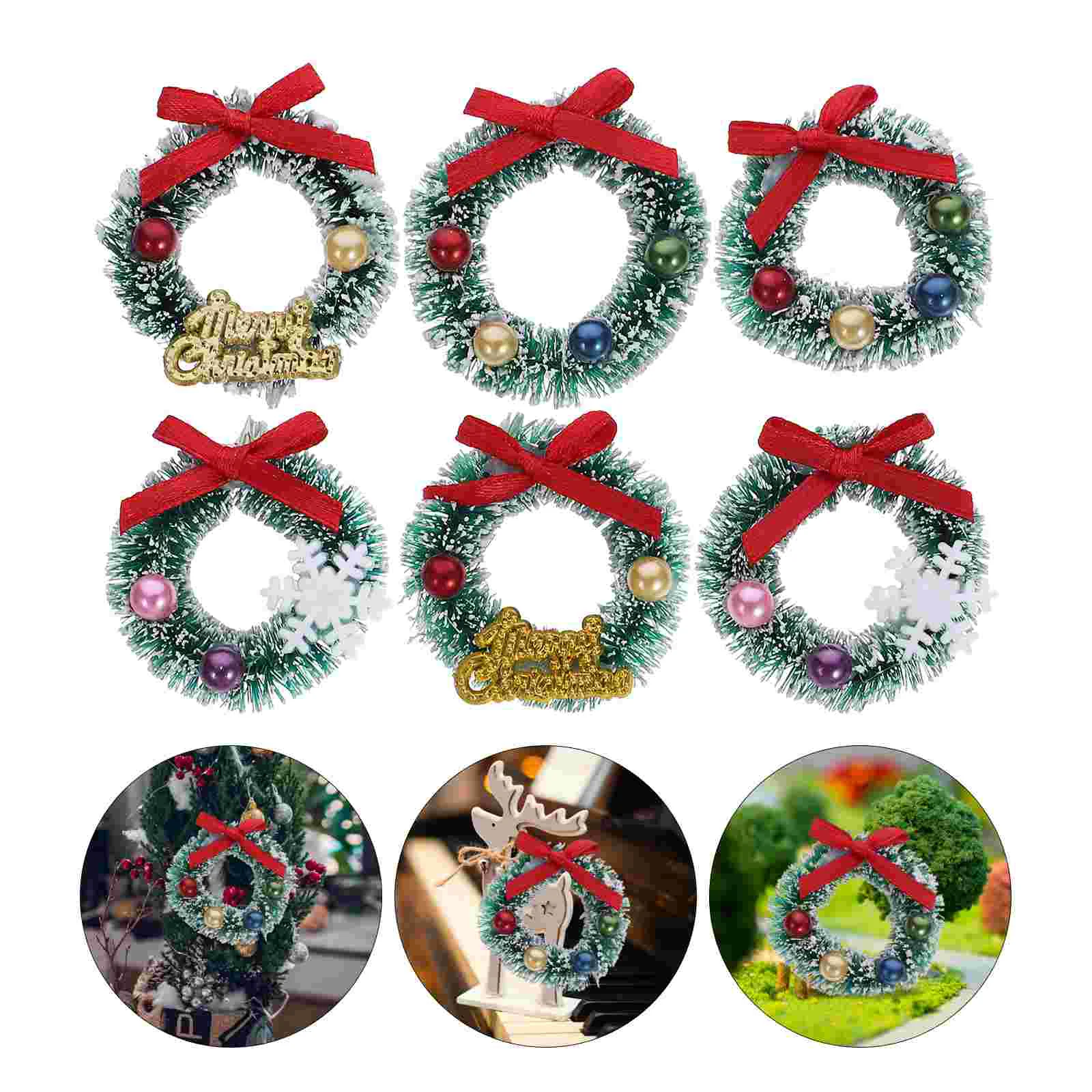 6 Pcs Christmas House Micro Landscape Decoration Ornaments Garland Small Wreath Mini Hanging Xmas Sisal Silk Elder Kit